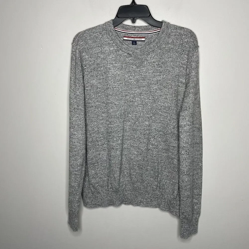 TOMMY HILFIGER Sweater Mens Large L Heather Gray Pullover 100% Cotton Crewneck